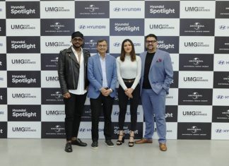 Mr Tarun Garg, Director-Sales, Marketing and Service, Hyundai Motor India Ltd and Mr Devraj Sanyal, MD & CEO of UMG, India & South Asia along with renowned artists Aastha Gill & King at launch of Hyundai Spotlight and premier of first song ‘Dhoondein Sitaare’.